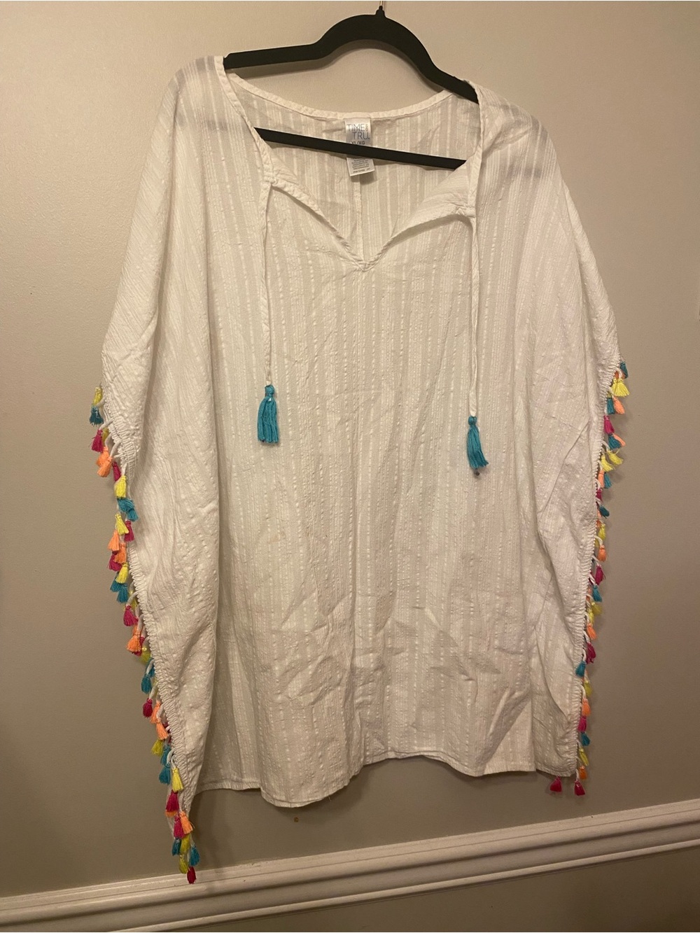 Time and Tru White Poncho Tunic with Multicolor Tassels